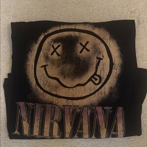 NIRVANA Black Tee with Yellow-Gold Smiley and Pink-Tinted Logo